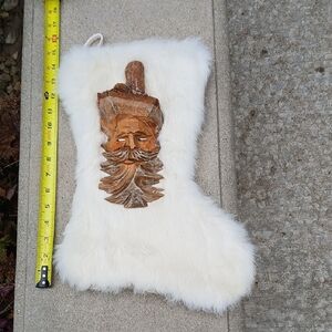 White Rabbit Fur Christmas Stocking with Wooden Santa Accent